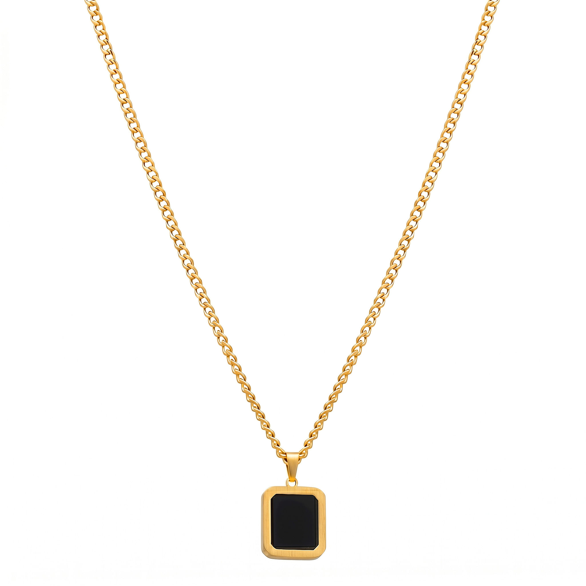 Colar Life Masculino em Aço Dourado com Ágata Preta, 60 cm