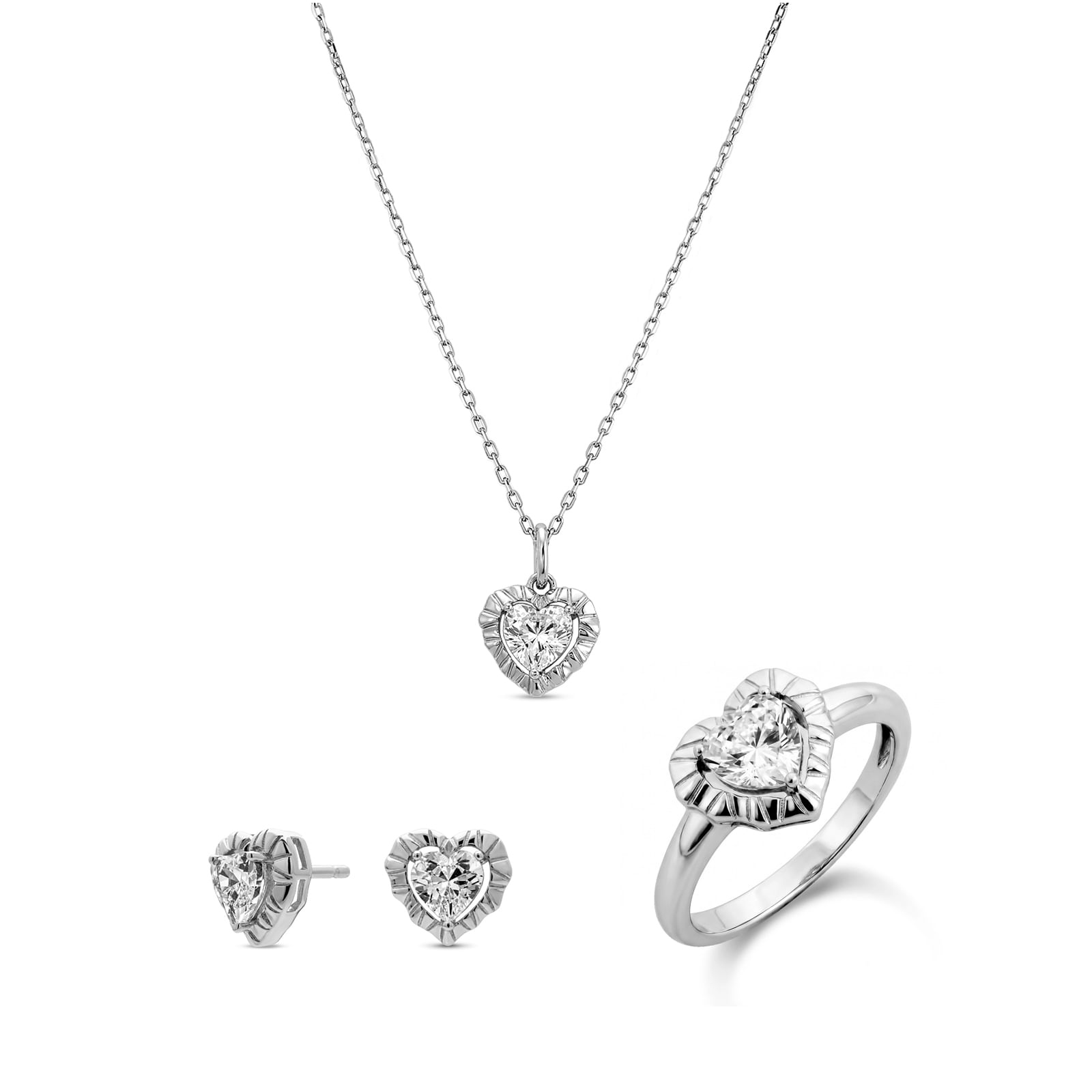 Kit Life Heart Anel + Brinco + Colar em Prata 925 com Zircônia Incolor