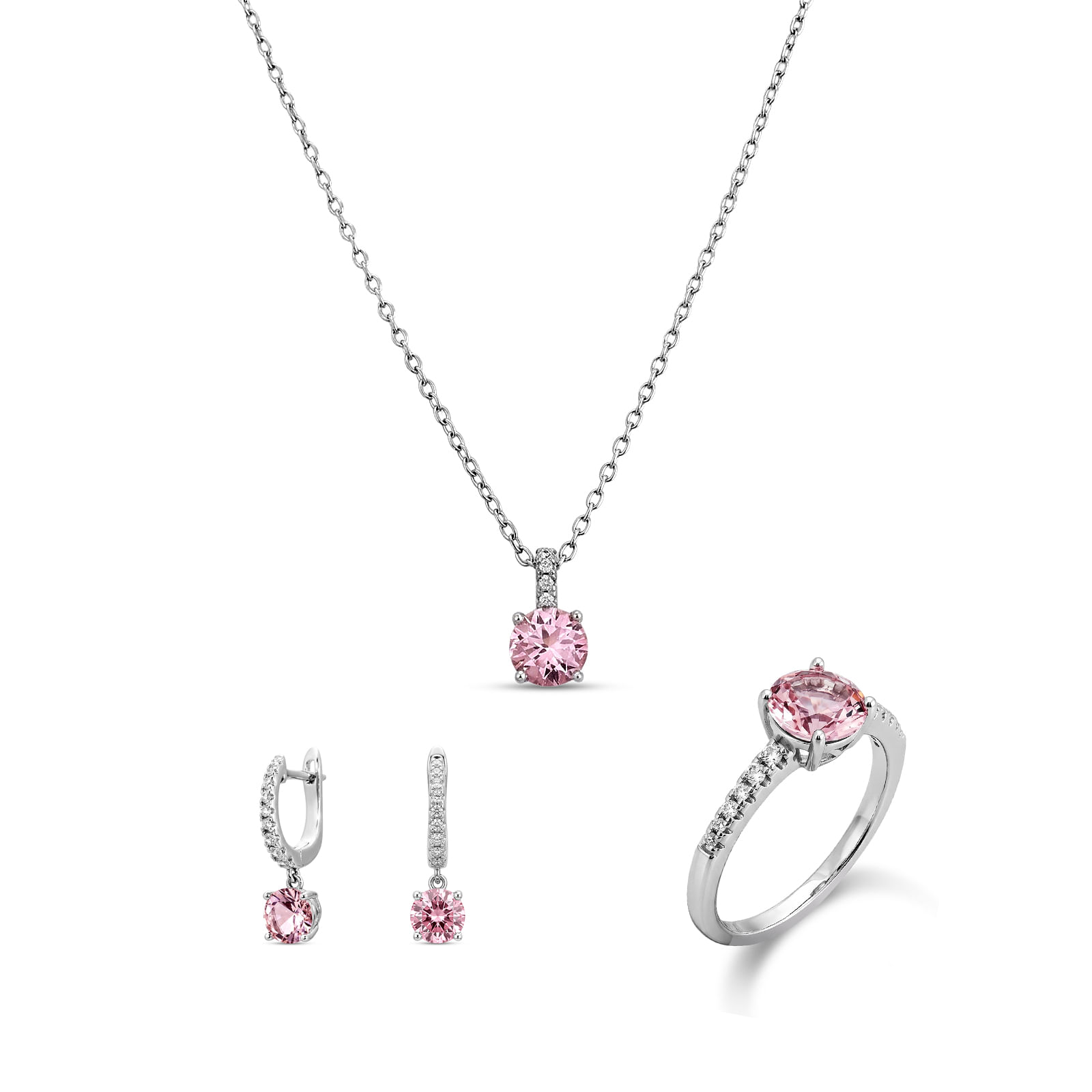 Kit Life Nuance Anel + Brinco + Colar em Prata 925 com Zircônia Rosa e Incolor