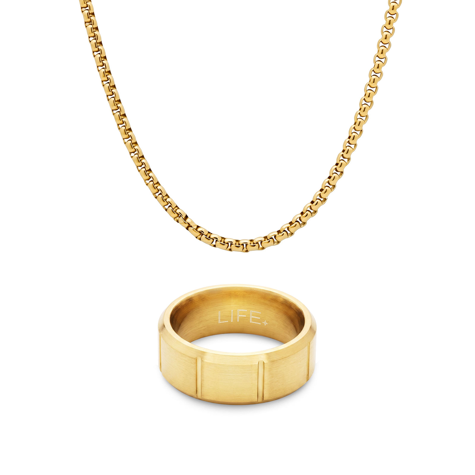 Kit Life Masculino Anel + Colar em Aço Dourado