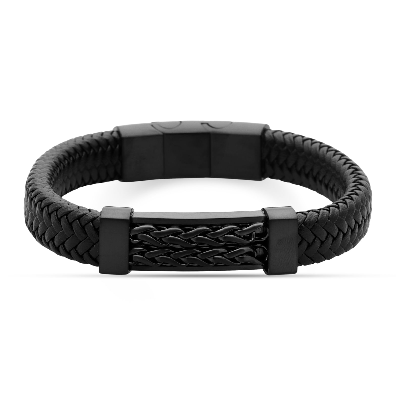 Bracelete Life Masculino em Aço Preto e Couro
