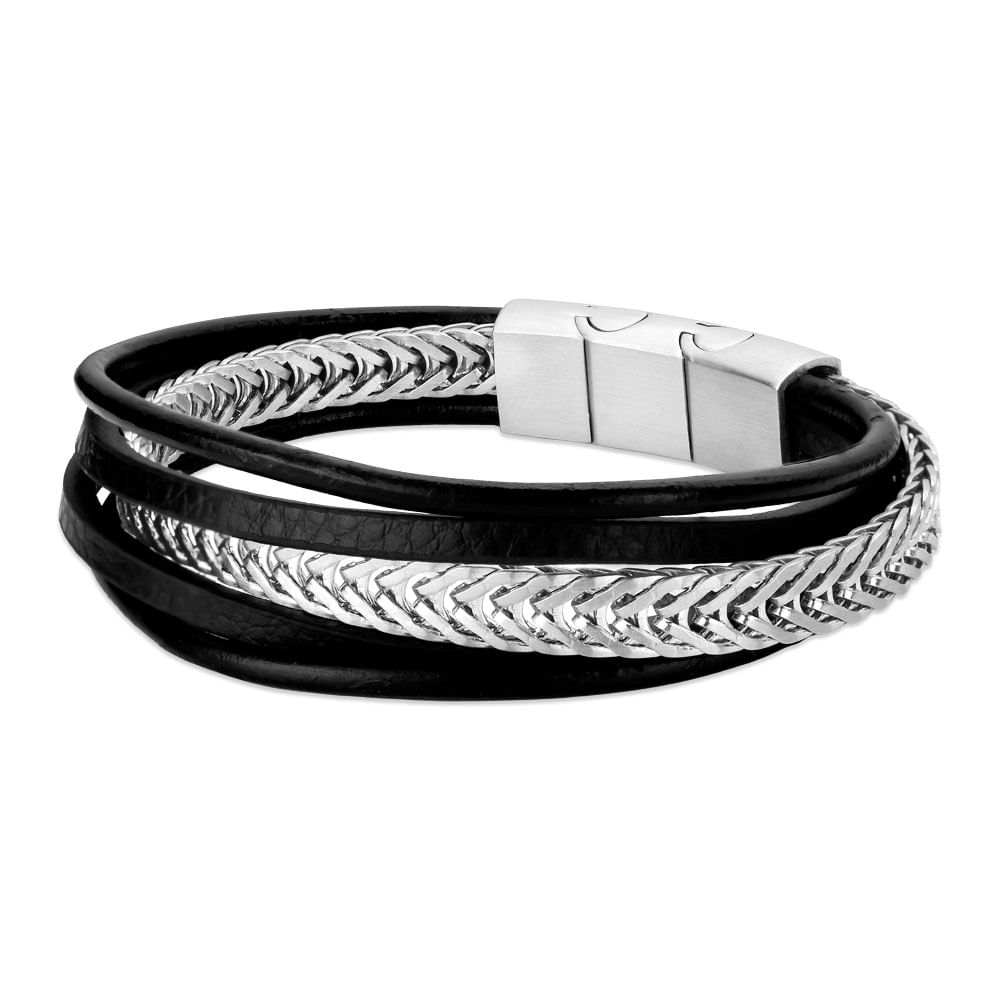 Pulseira Life em Couro Preto com Aço