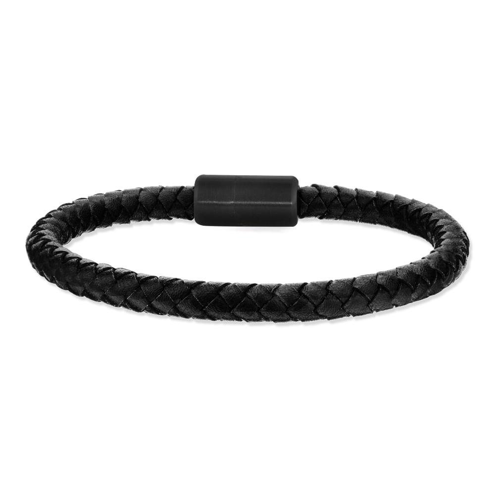 Pulseira Life em Couro Preto com Aço