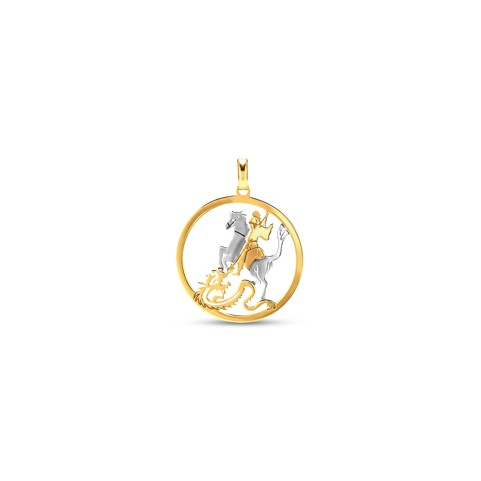 Pingente Medalha São Jorge em Ouro Amarelo e Branco 18K, 24 mm