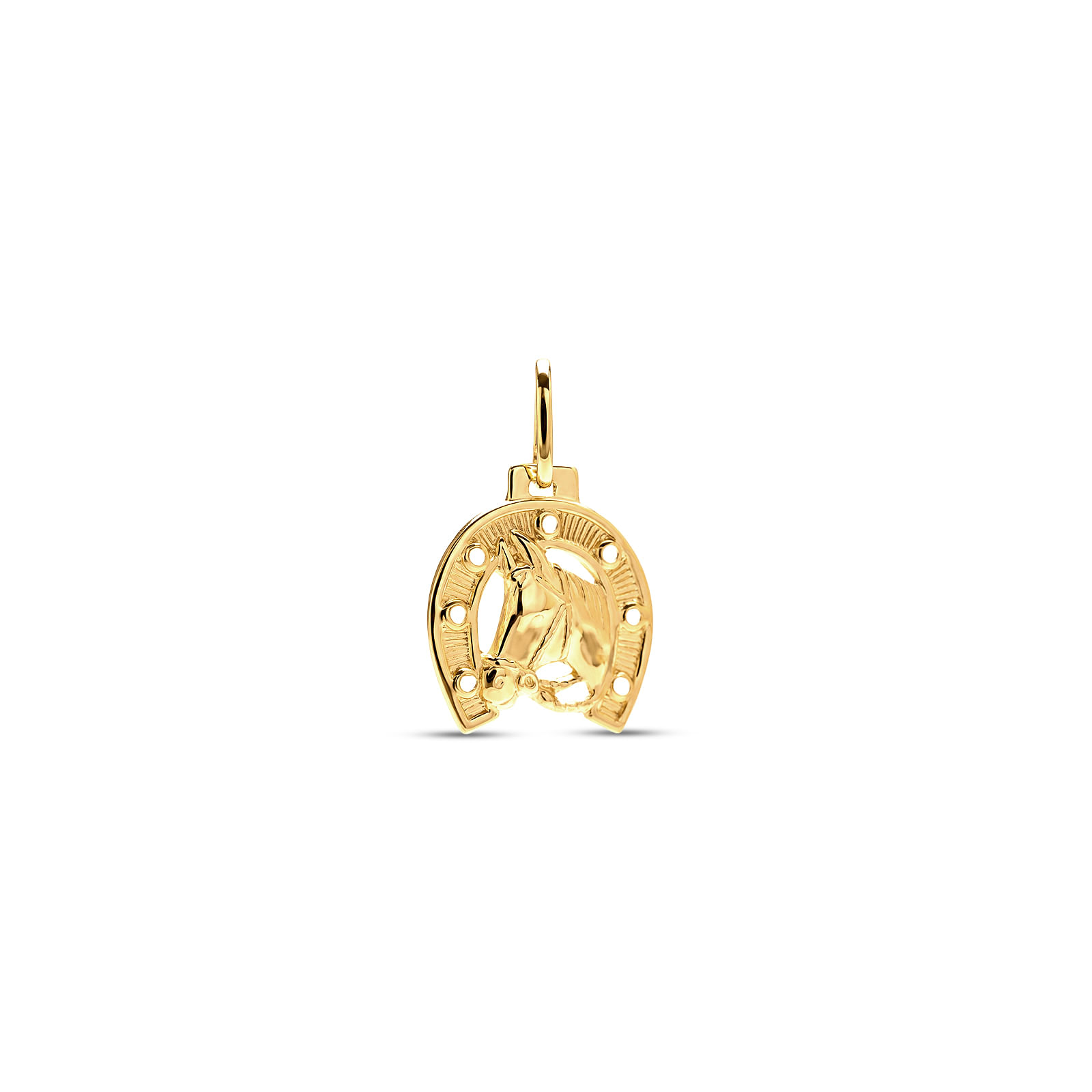 Pingente Medalha Ferradura e Cavalo em Ouro Amarelo 18K, 16 mm