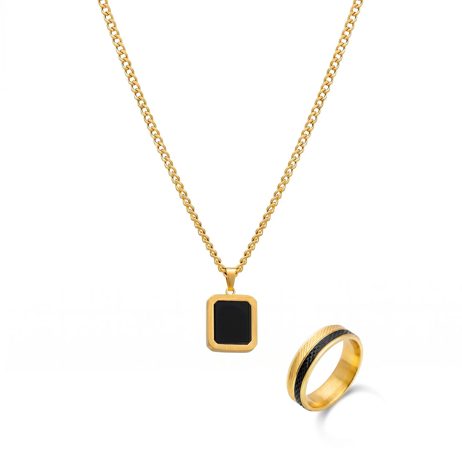 Kit Life Masculino - Colar em Aço Dourado com Ágata Preta e Anel em Aço Escovado