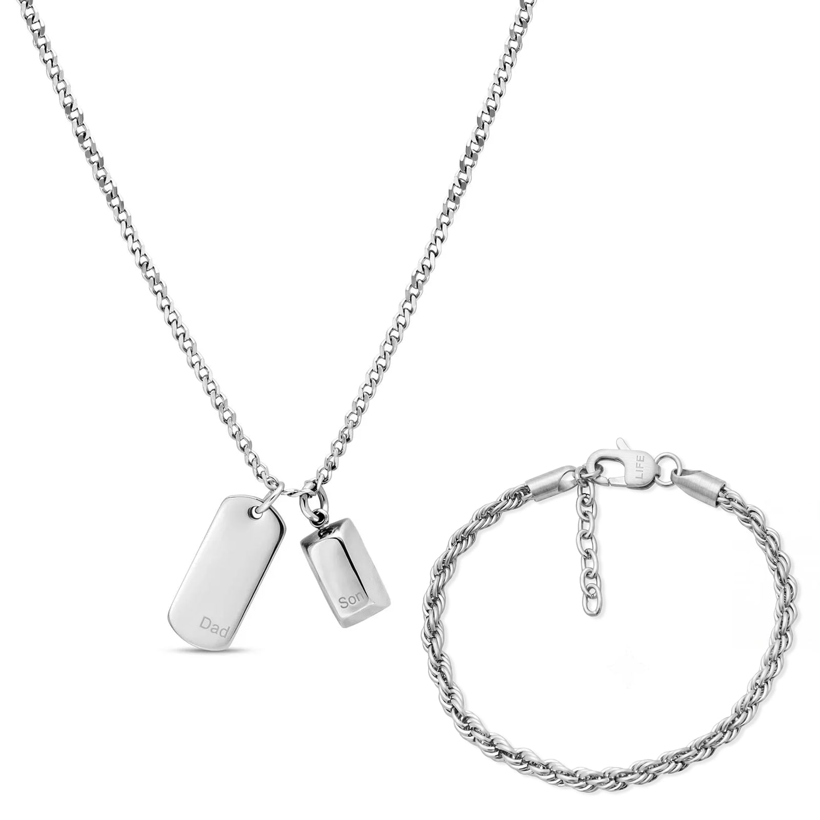 Kit Life Masculino - Escapulário Pai e Filho com Pulseira em Aço Trançado