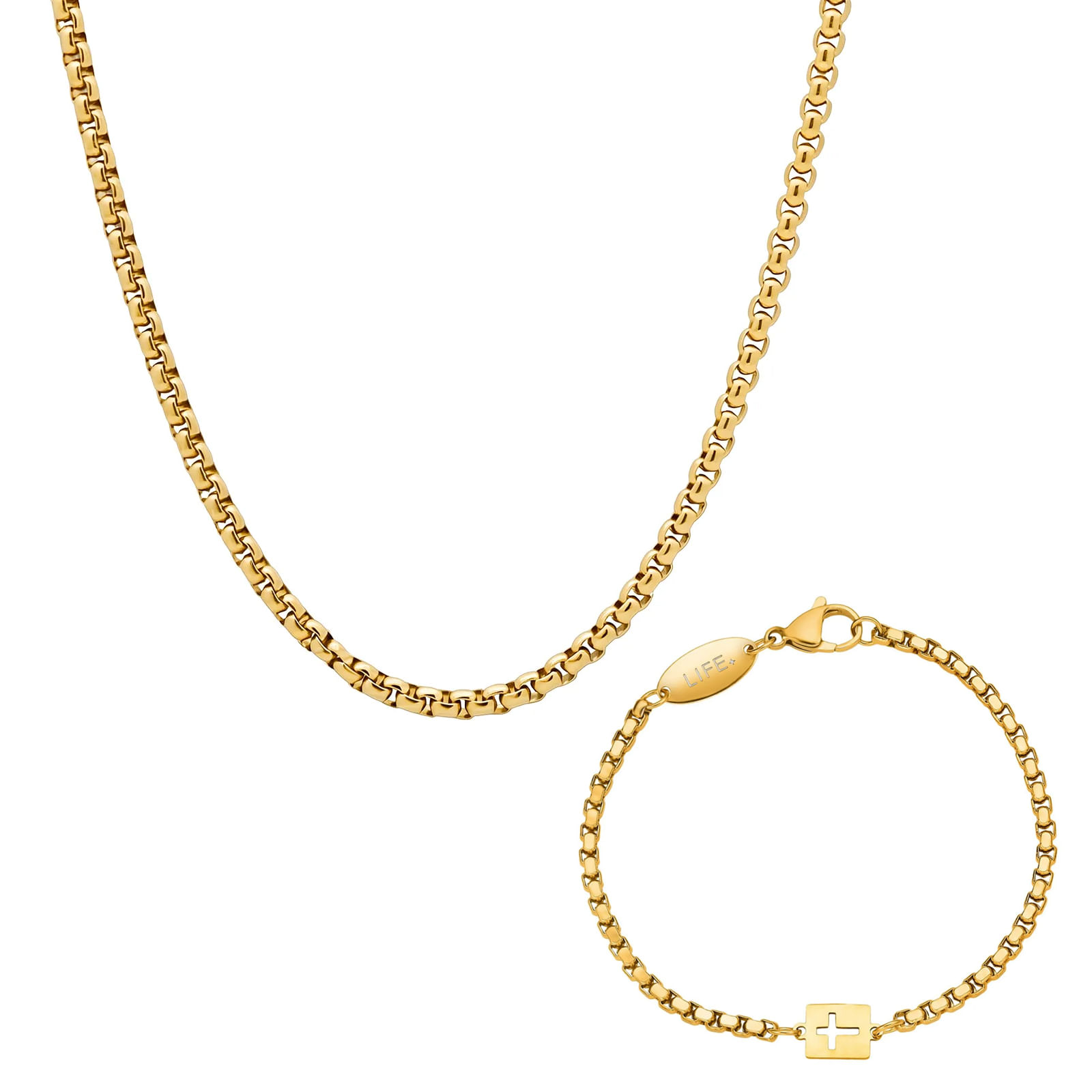 Kit Life Masculino - Colar Life em Aço Dourado e e Pulseira Cruz