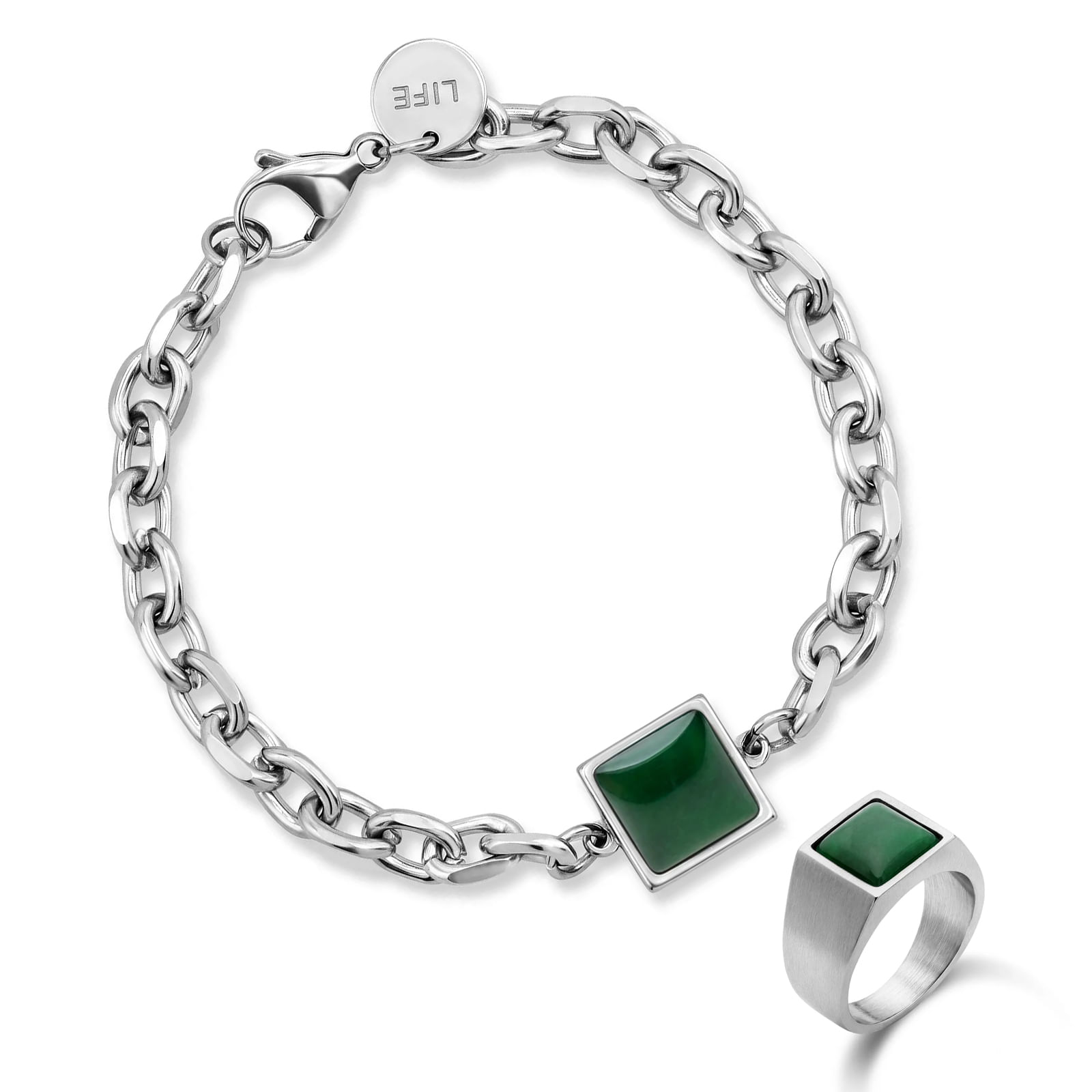 Kit Life Masculino - Pulseira e Anel em Aço com Pedra Olho de Gato Verde