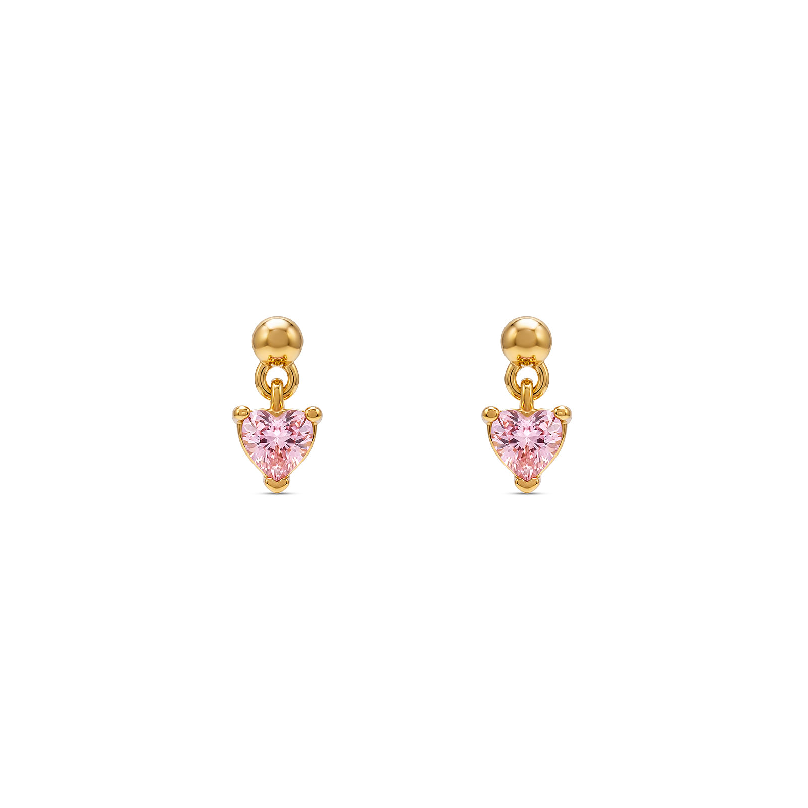 Brinco Life Petit Coração em Prata 925 com Banho de Ouro Amarelo 18k e Zircônia Rosa