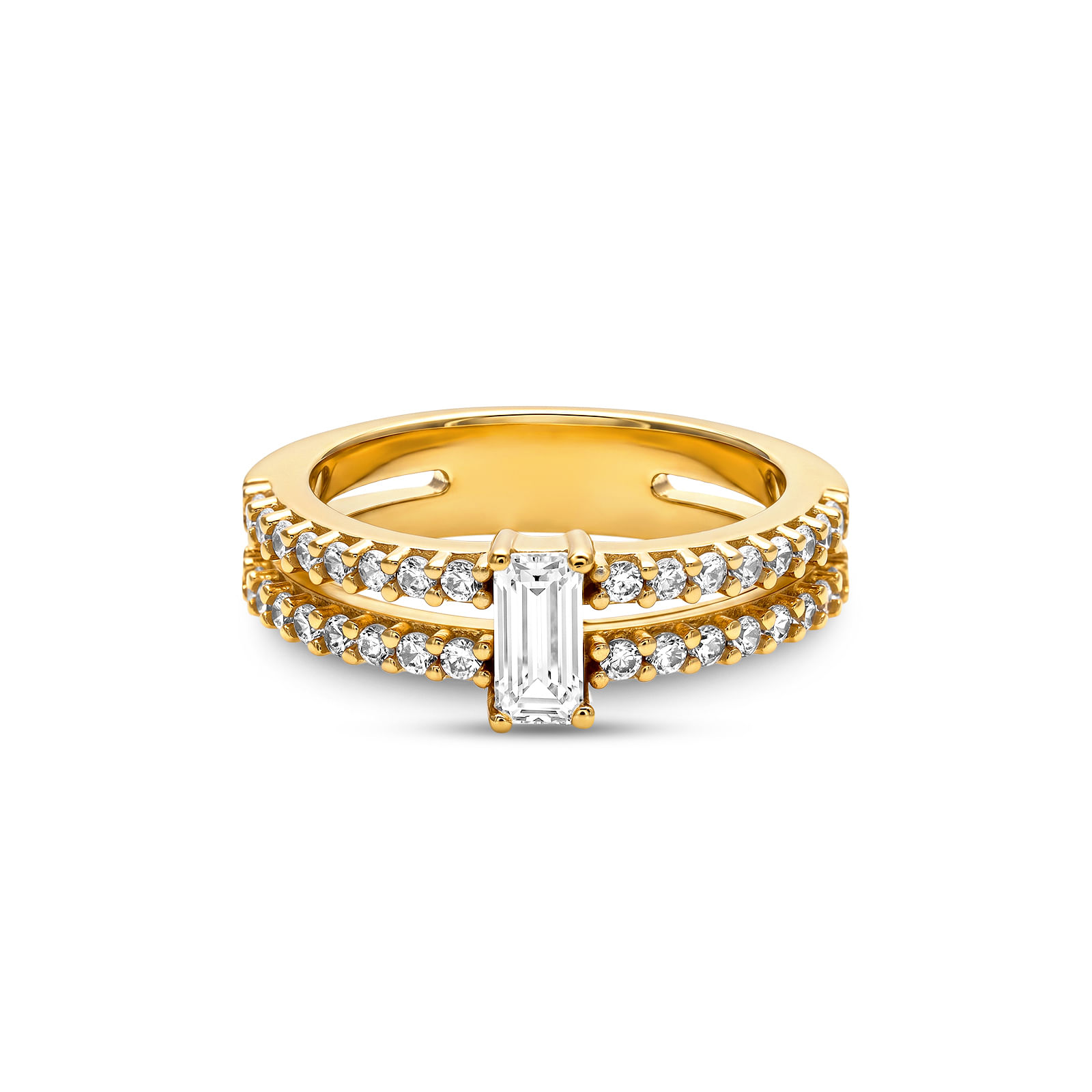 Anel Life Solitário Duplo em Prata 925 com Banho de Ouro Amarelo 18k Zircônia Incolor