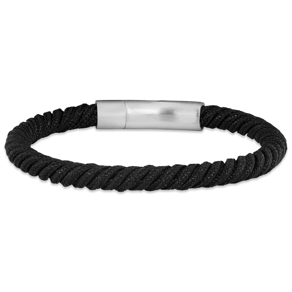 Pulseira Life Masculina Aço e Corda Preta 19,5 cm