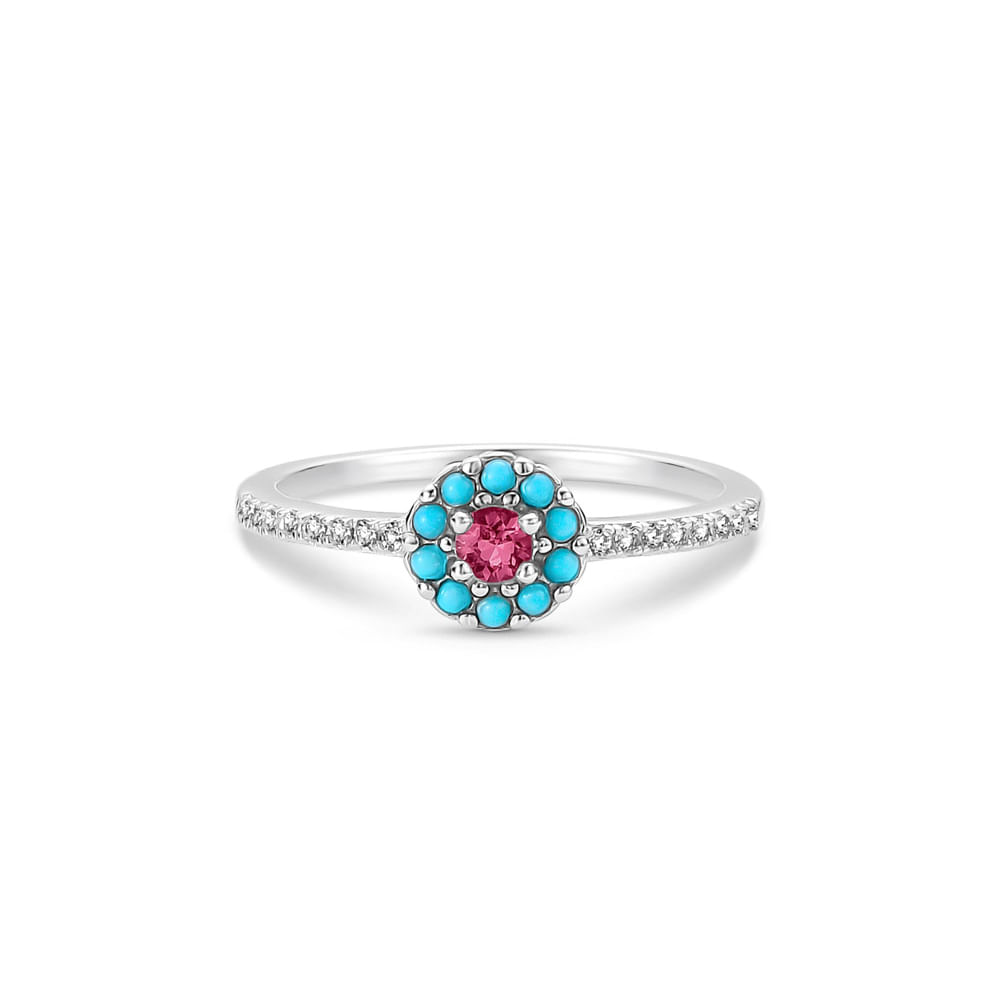 Anel Life My Garden II em Prata 925 com Turmalina Rosa, Turquesas e Topázios Incolores