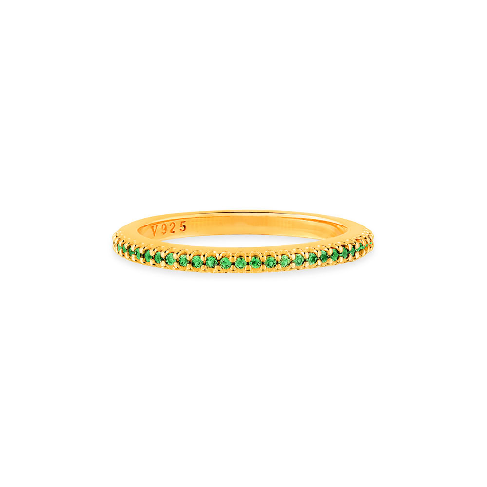 Anel Life Pavê em Prata 925 com Banho de Ouro Amarelo 18k Verde