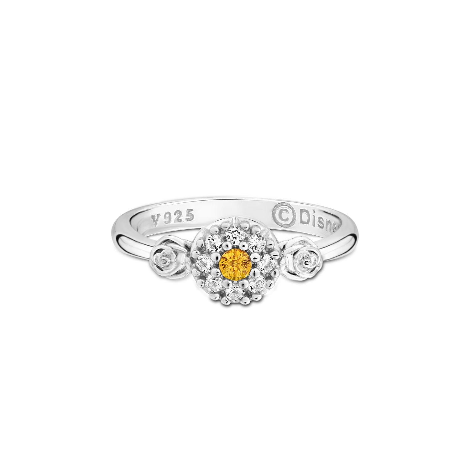 Anel Life Princesas Bela em Prata 925 com Pedras Amarela e Incolores