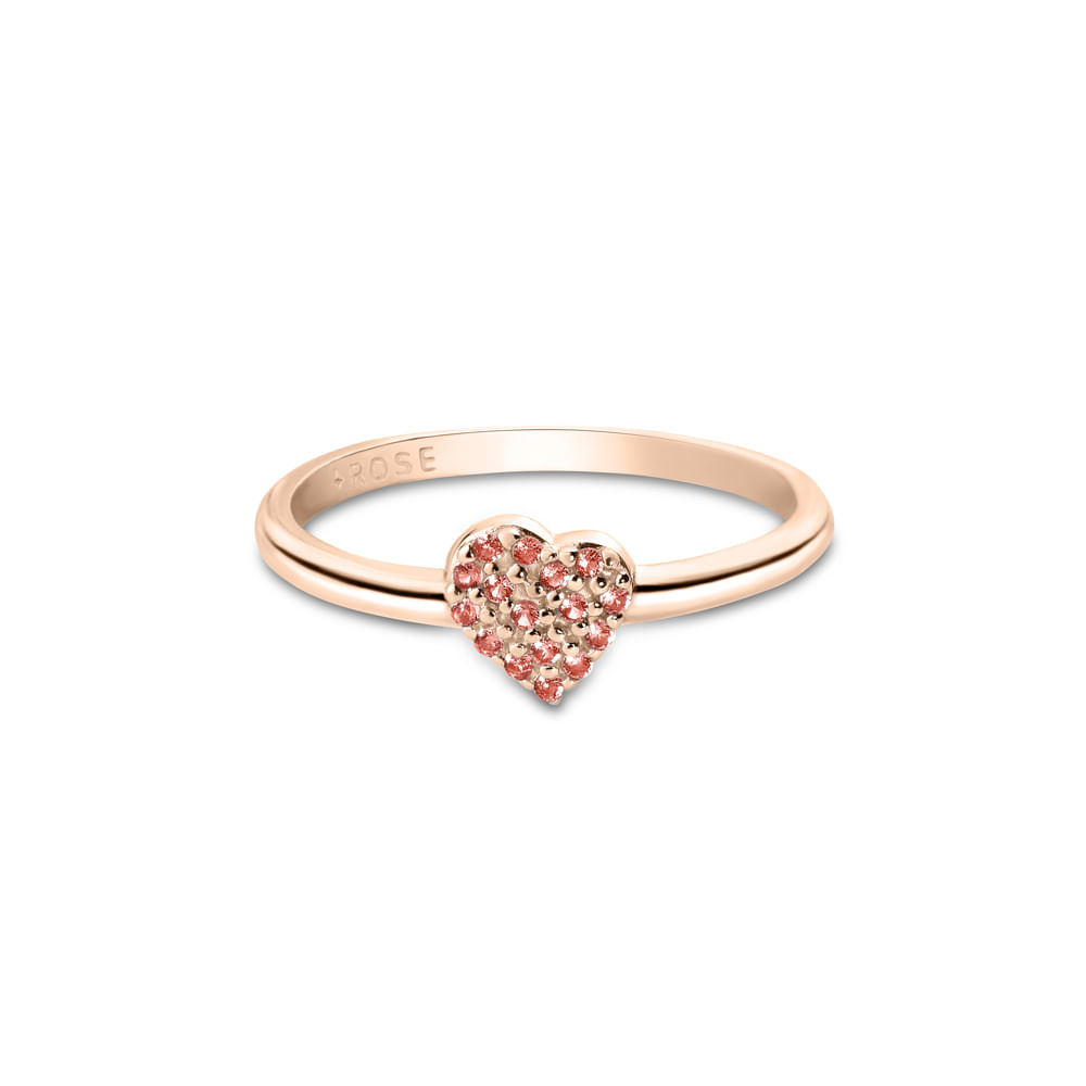 Anel Life Love II Coração Mini em Liga Rosé com Banho de Ouro Rosé 18k e Pedras Rosas