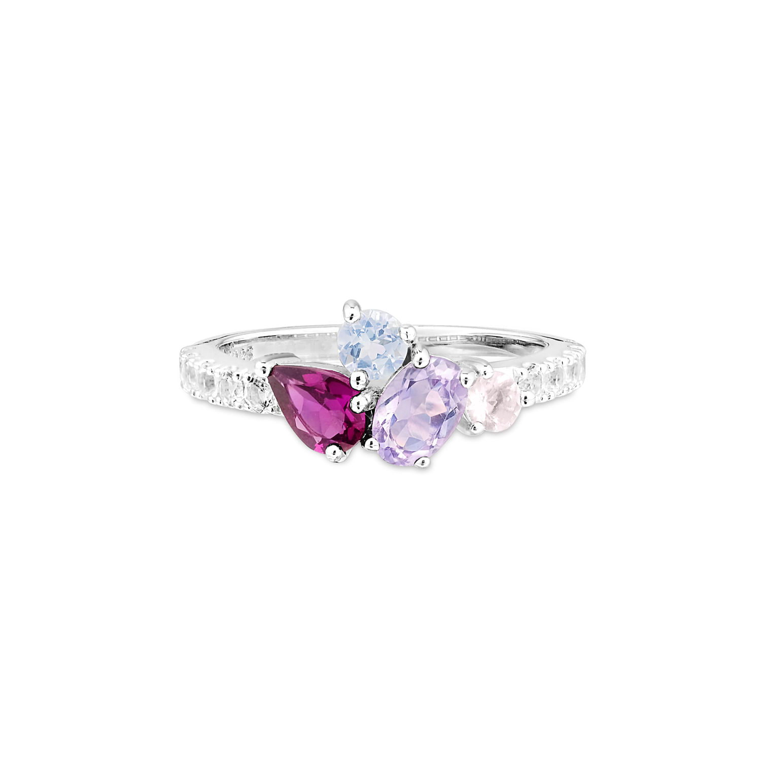 Anel Life Primavera em Prata 925 com Rodolita, Quartzo Rosa, Ametista, Topázio Azul e Topázios Incolores