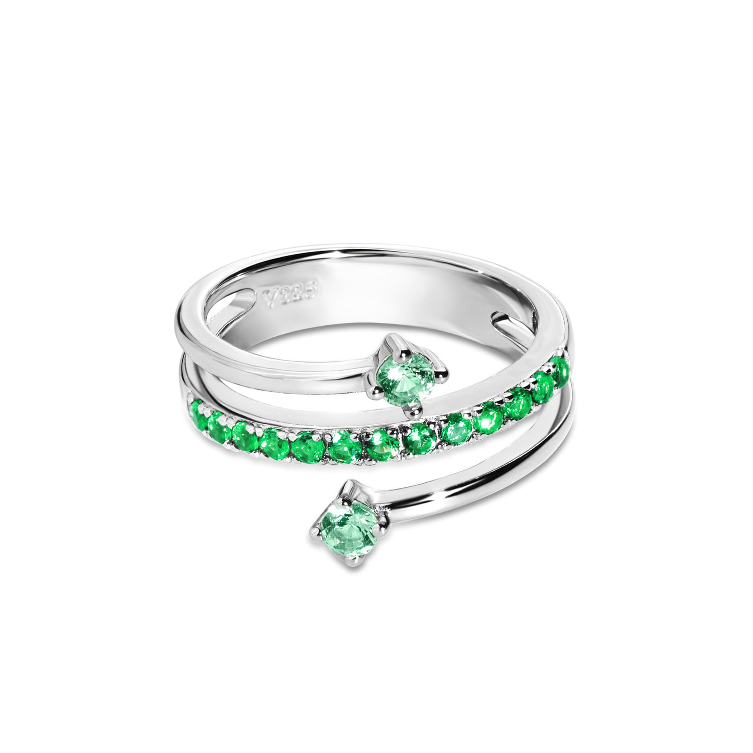 Anel Life Fresh Triplo em Prata 925 com Pedras Verdes
