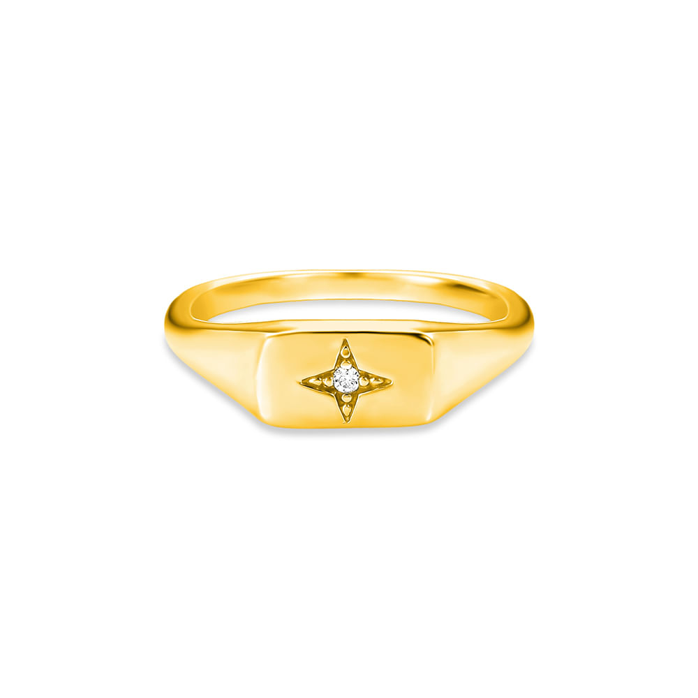 Anel Life Starring Retangular Prata com Banho Ouro Amarelo Cravejado