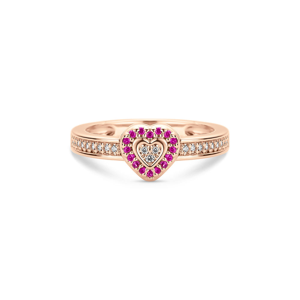 Anel Life Love Locker Coração em Liga Rosé com Banho de Ouro Rosé 18k e Pedras Rosas e Incolores