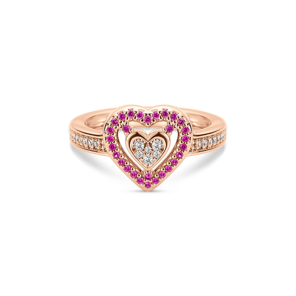 Anel Life Love Locker Coração em Liga Rosé com Banho de Ouro Rosé 18k e Pedras Rosas e Incolores