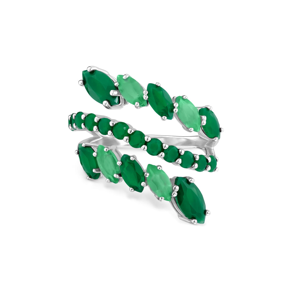 Anel Life Nature III Triplo em Prata 925 com Ágatas e Calcedônias Verdes