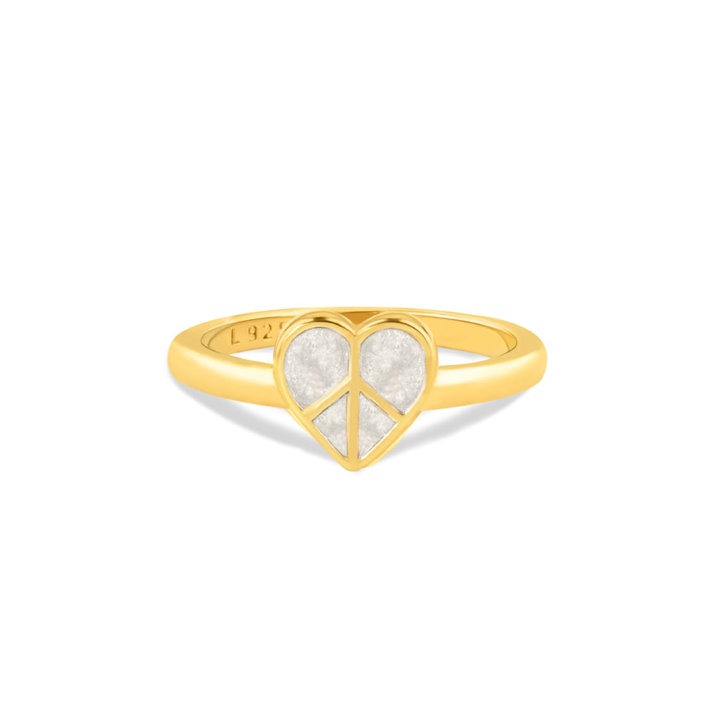 Anel Life Paz e Amor Coração em Prata 925 com Banho de Ouro Amarelo 18k