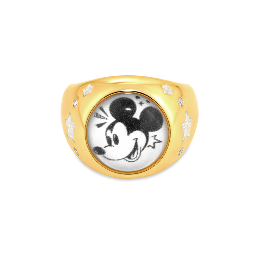Anel Life Disney e Ana Strumpf Mickey Vintage em Prata 925 com Banho de Ouro Amarelo 18k, Pedras Incolores e Esmalte