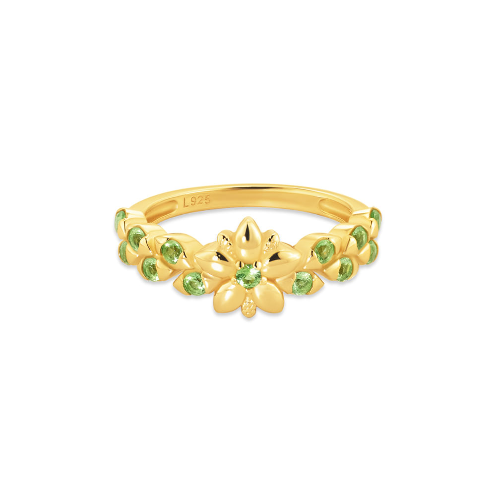 Anel Life Botânica em Prata 925 com Banho de Ouro Amarelo 18k e Pedras Verdes