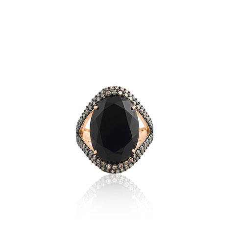 Anel Urban em Ouro Rosé 18k com Quartzo Negro e Diamantes Brown
