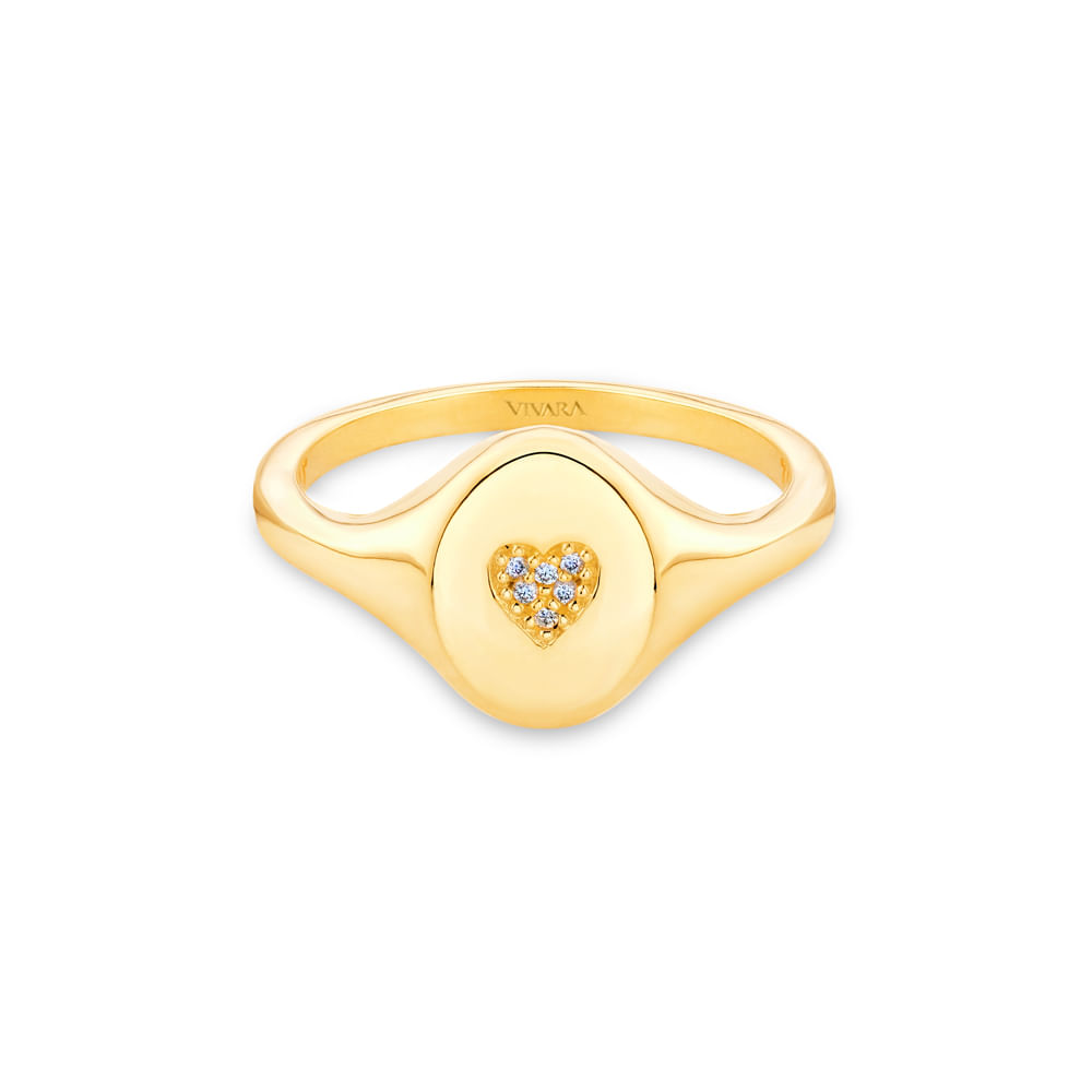 Anel Signet Coração em Ouro Amarelo 18k com Diamantes