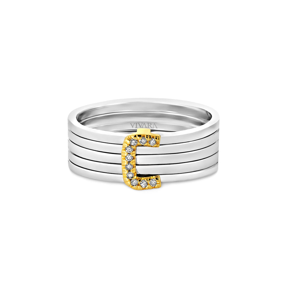 Anel Letra C em Prata 925 com Ouro Amarelo 18k e Diamantes