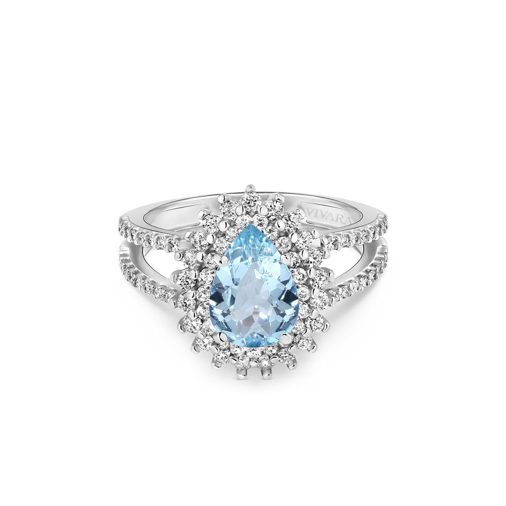 Anel Classic Oriental em Ouro Branco 18k com Água Marinha e Diamantes