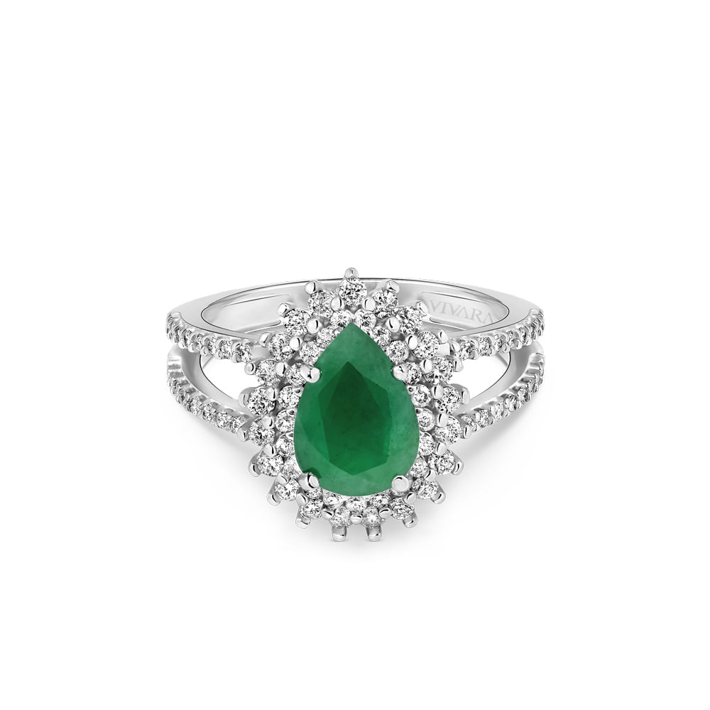 Anel Clássico em Ouro Branco 18k com Esmeralda e Diamantes
