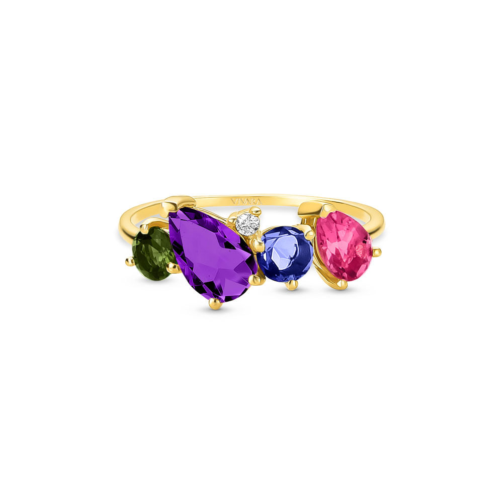 Anel Pietre em Ouro Amarelo 18k com Ametista Roxa, Turmalina Rosa, Turmalina Verde, Iolita e Diamante