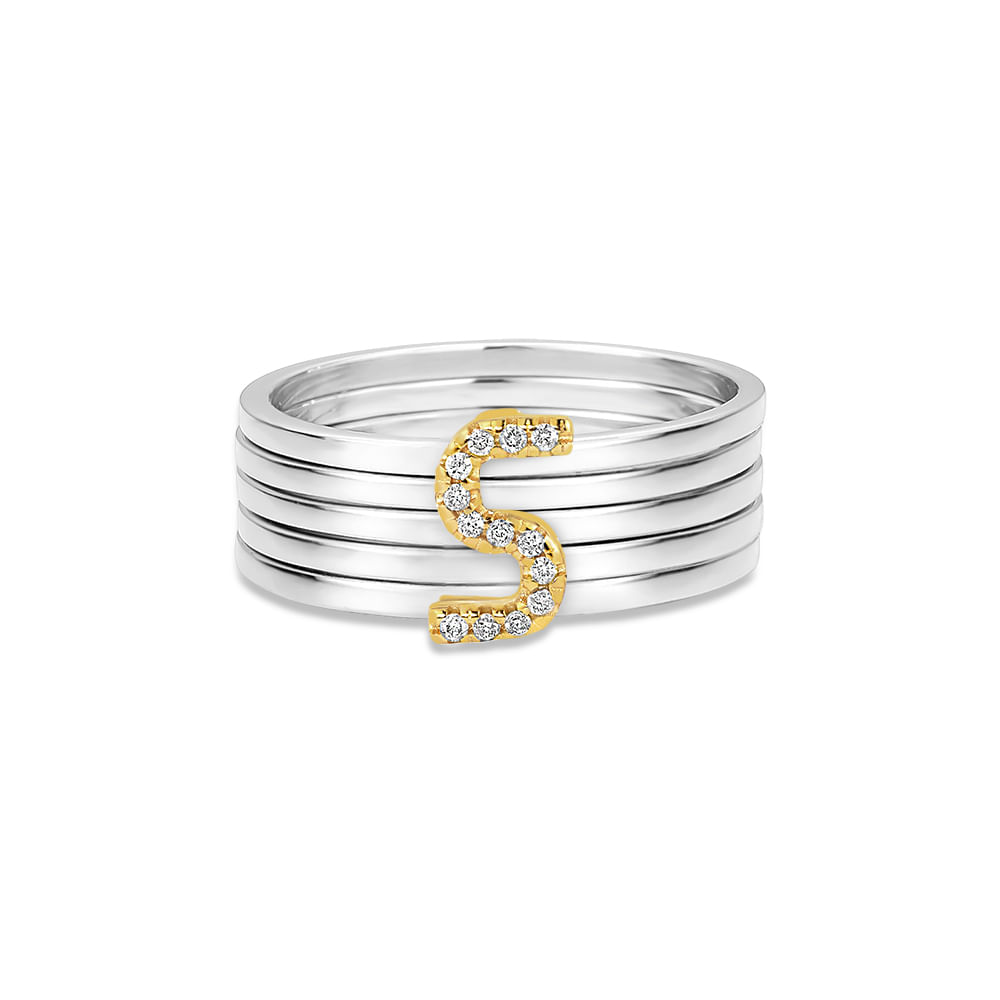 Anel Letra S em Prata 925 e Ouro Amarelo 18k com Diamantes