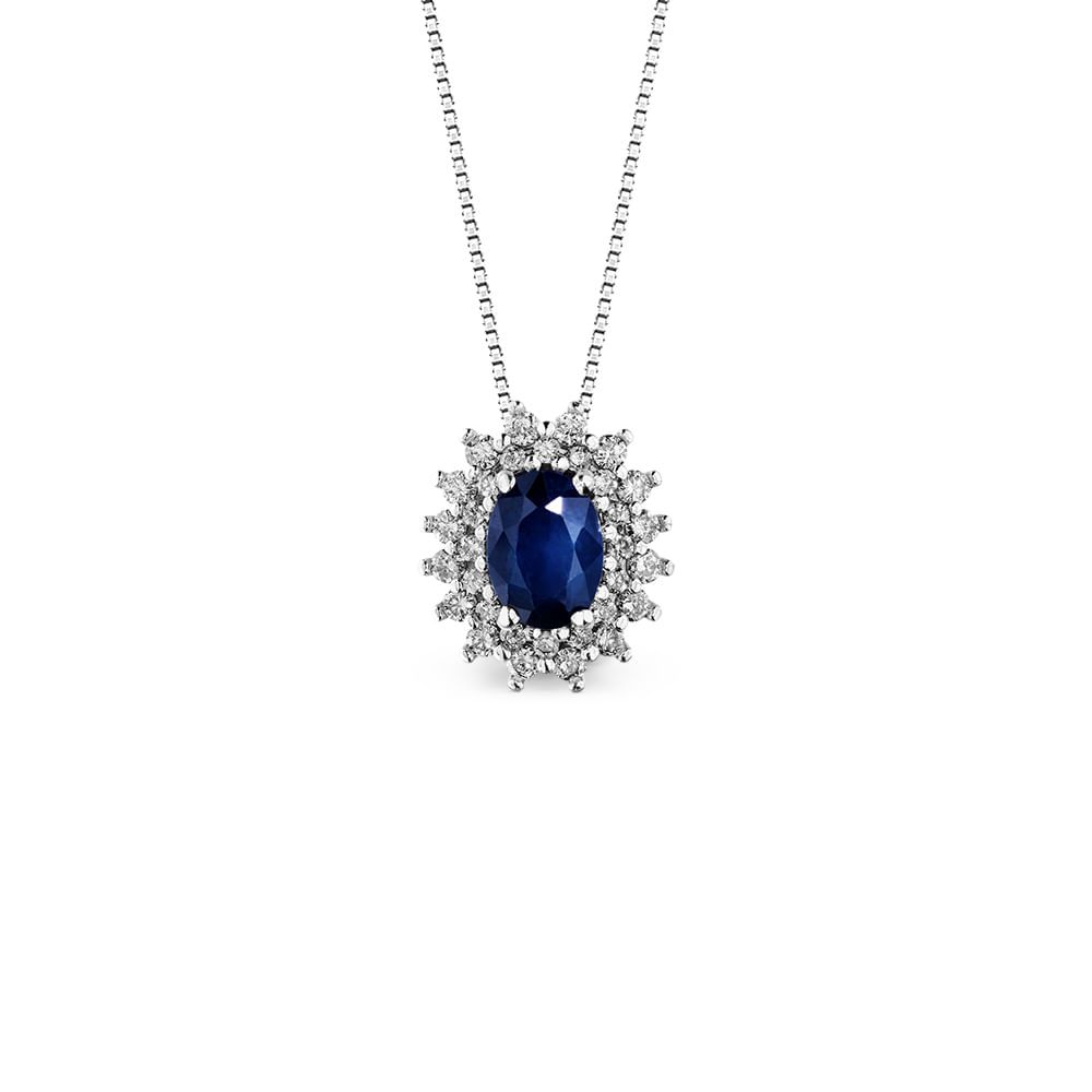 Pingente Clássico em Ouro Branco 18k com Safira Azul e Diamantes, 13mm