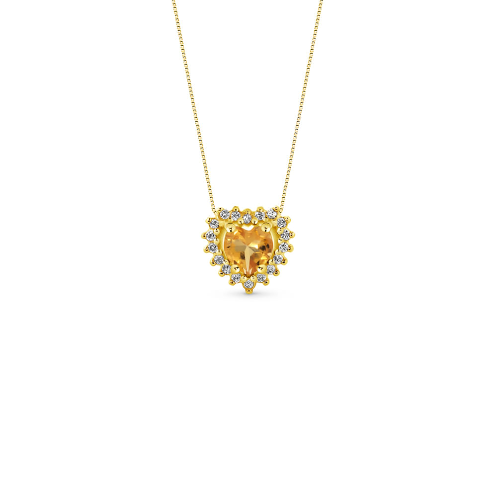 Pingente Coração Ouro Amarelo Citrino e Diamantes, 7mm