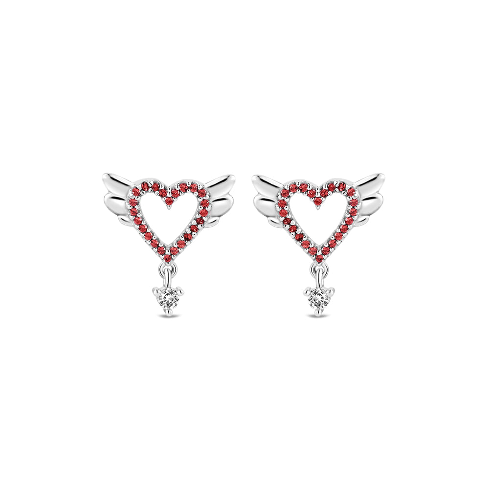 Brinco Life Símbolo Coração Alado em Prata 925 com Pedras Vermelhas