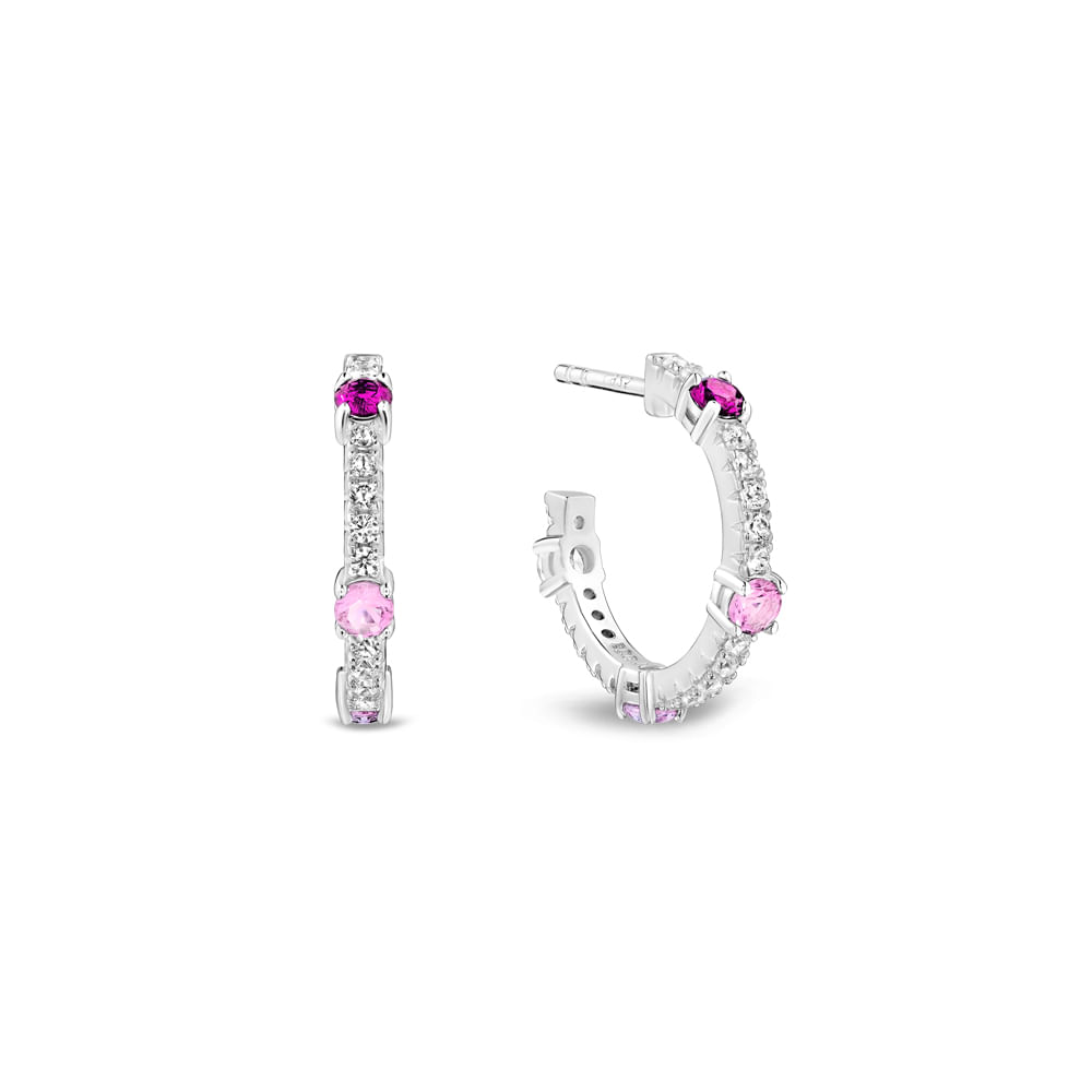 Brinco Argola Life Ocean em Prata 925 com Pedras Rosas e Incolores, 7 mm