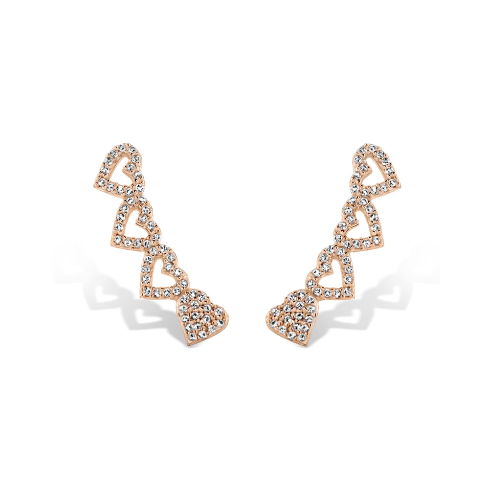 Brinco Ear Cuff Life Love II com Banho Ouro Rosé Corações Cravejados
