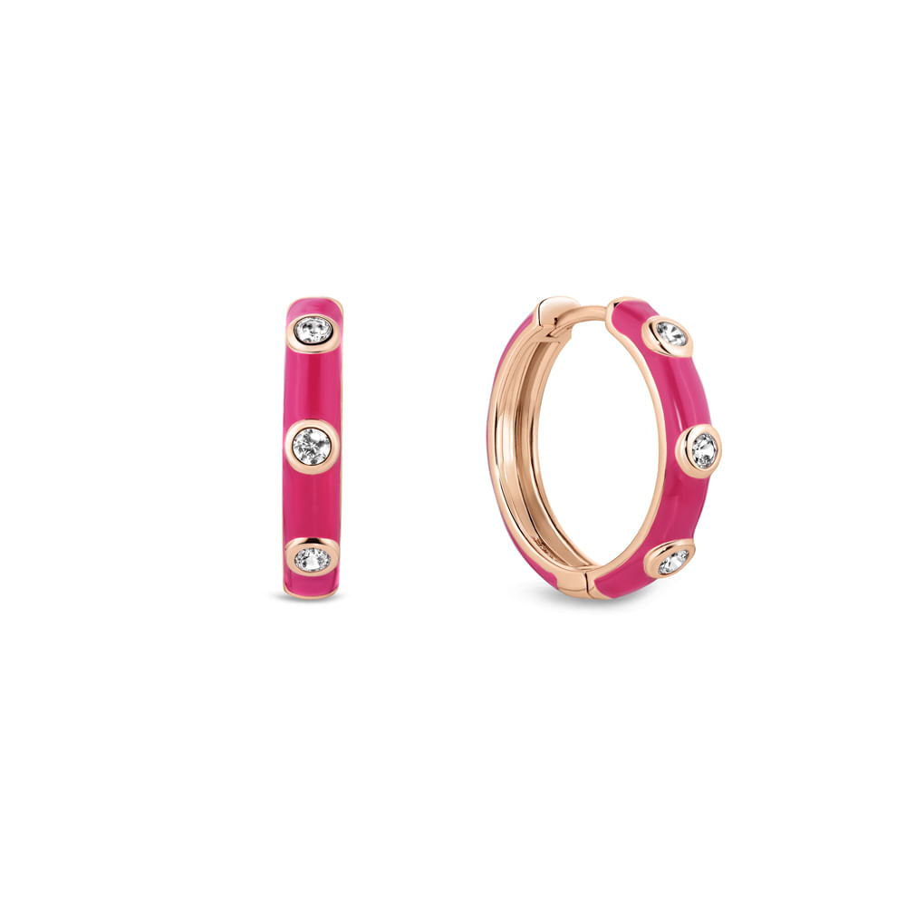 Argola Life Joyful em Prata 925 com Esmalte Rosa e Pedras Incolores, 21 mm