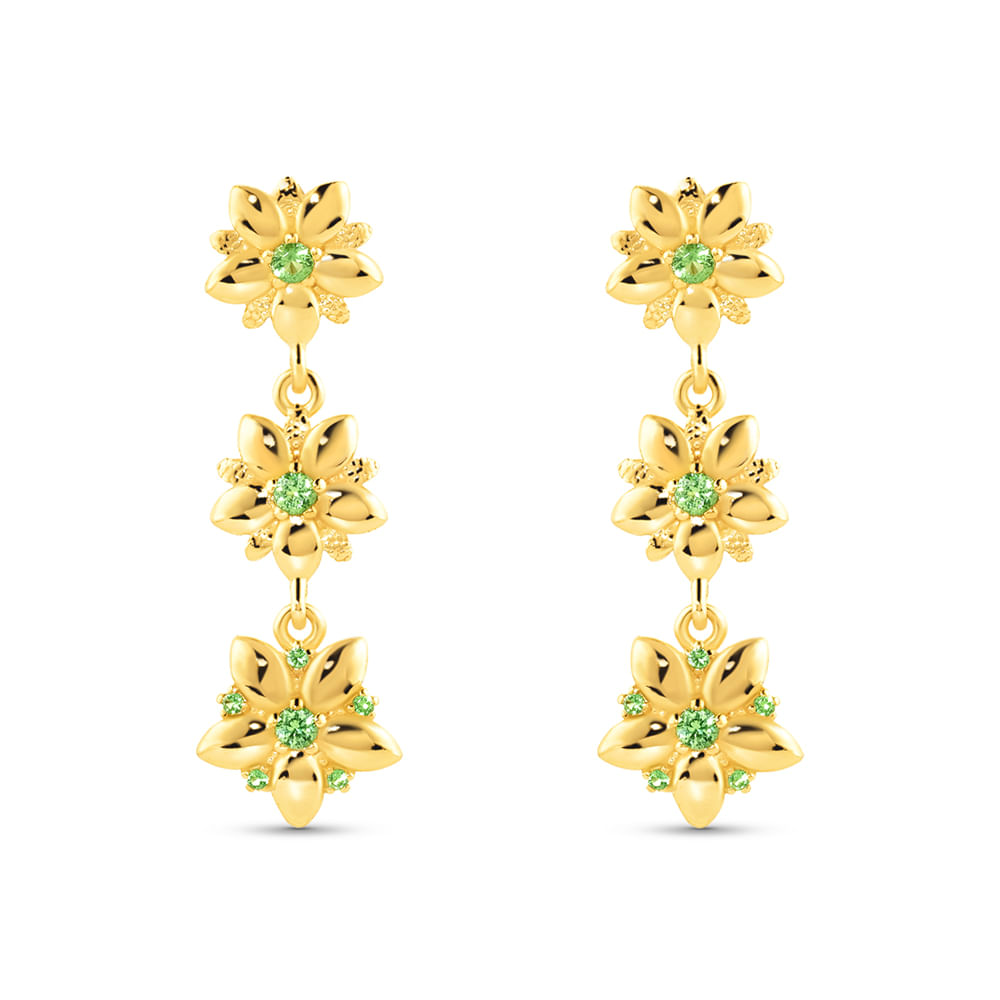 Brinco Life Botânica em Prata 925 com Banho de Ouro Amarelo 18k e Pedras Verdes