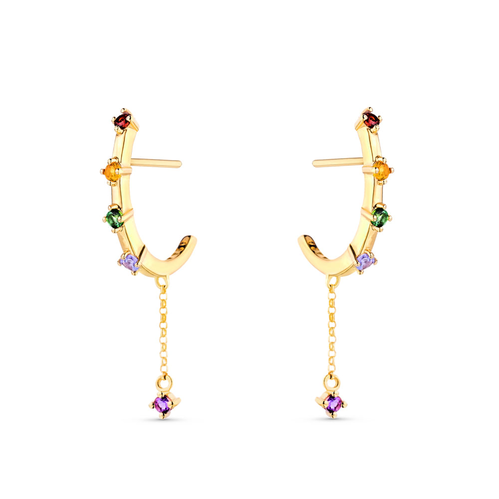 Argola Rainbow em Ouro Amarelo 18k com Citrino, Ametista Roxa, Tanzanita, Granada e Turmalina Verde, 18 mm