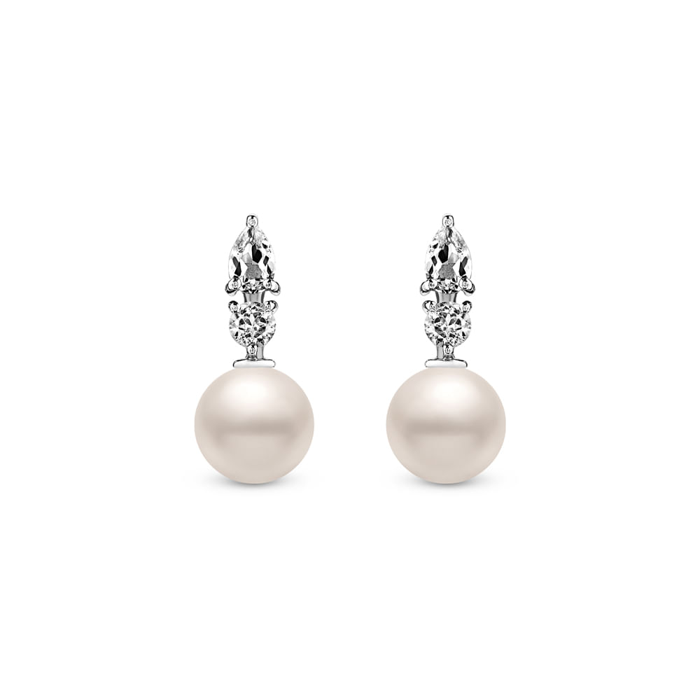 Brinco Noivas em Prata 925 com Pérola e Topázios Incolores