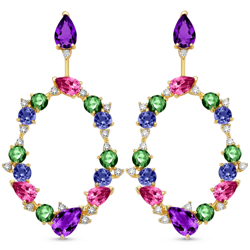 Brinco Pietre em Ouro Amarelo 18k com Ametistas Roxa, Turmalinas Rosa, Turmalinas Verde, Iolitas e Diamantes