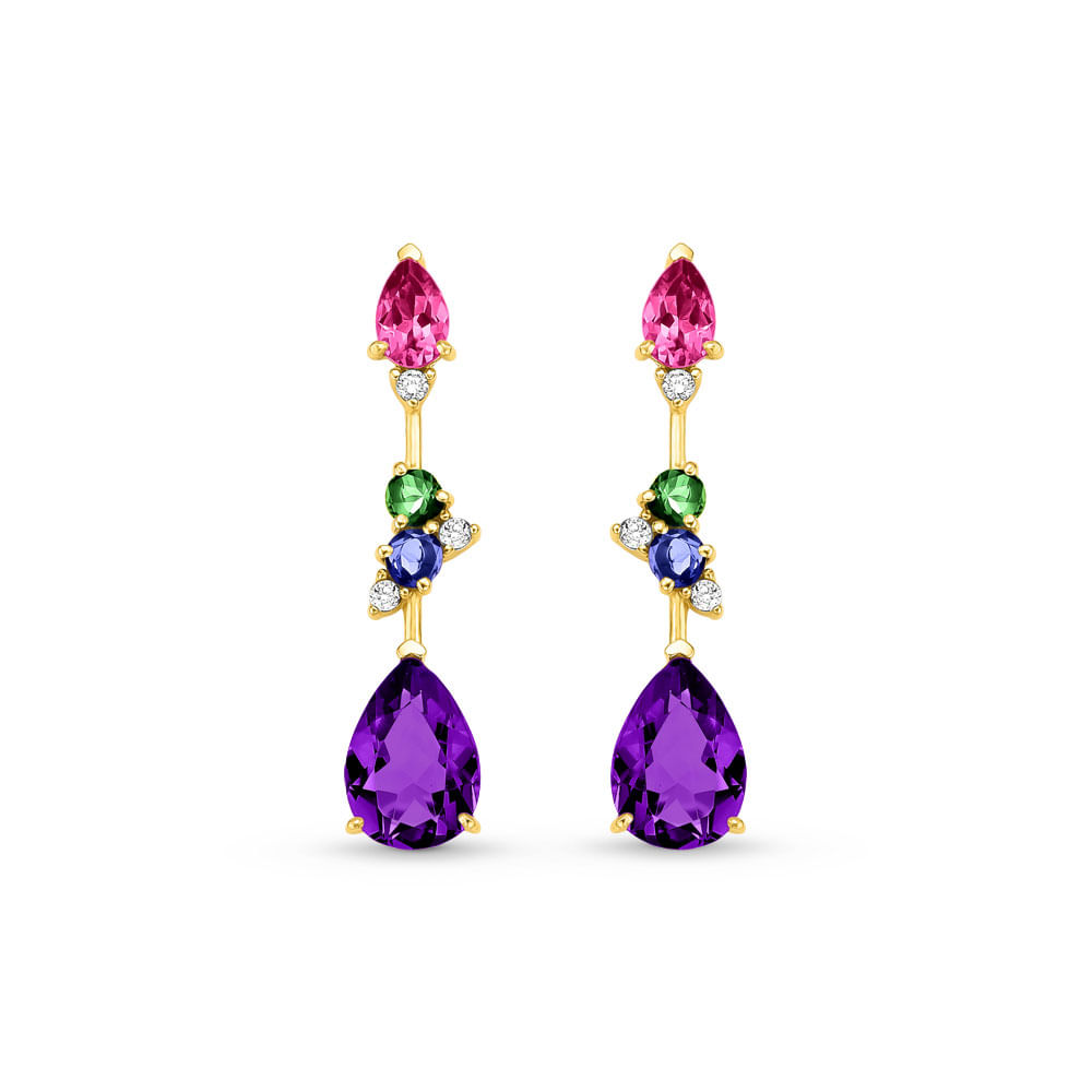 Brinco Pietre em Ouro Amarelo 18k com Ametistas Roxa, Turmalinas Rosa, Turmalinas Verde, Iolitas e Diamantes