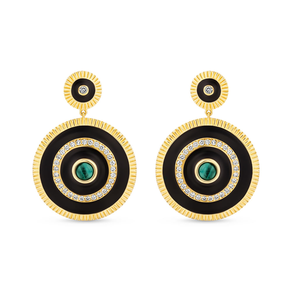 Brinco Policroma em Ouro Amarelo 18k com Malaquita e Diamantes