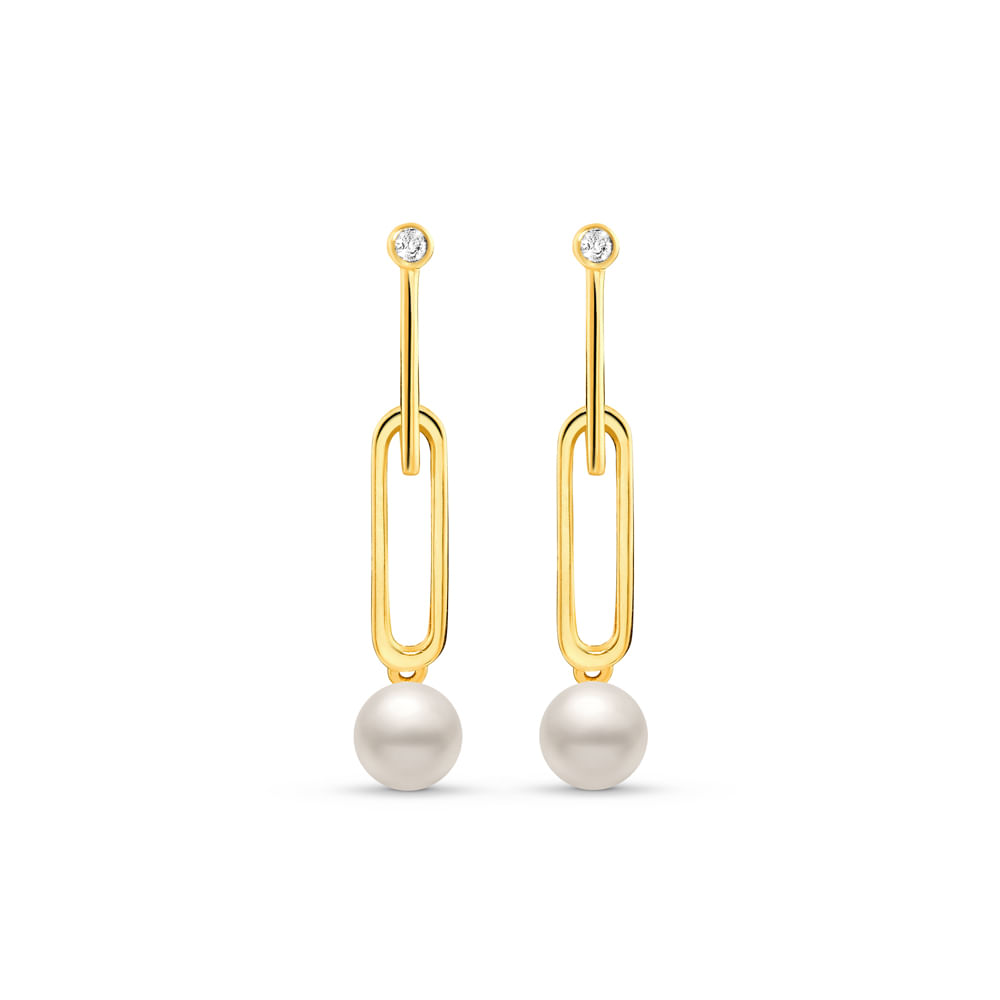 Brinco Luar em Ouro Amarelo 18k com Pérola e Safira Incolor