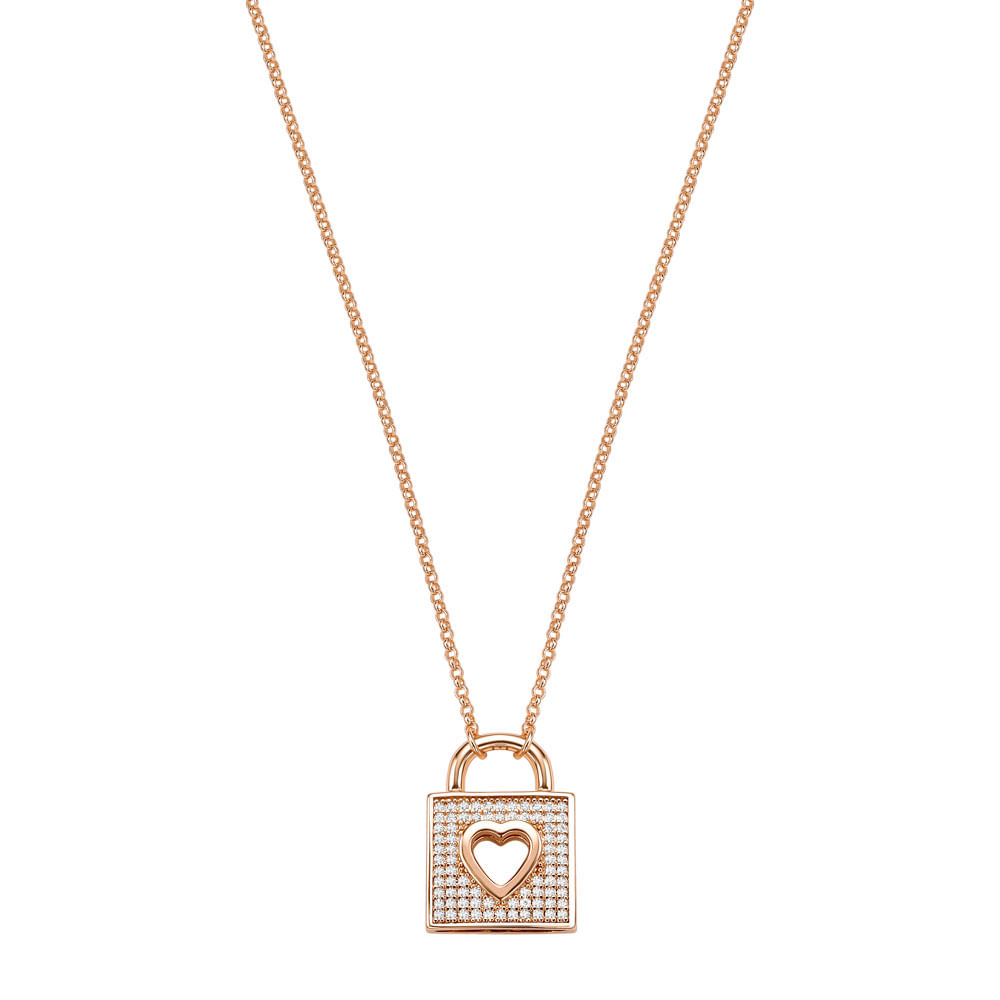 Colar Life Love Locker Cadeado em Liga Rosé com Banho de Ouro Rosé 18k e Pedras Incolores, 65cm